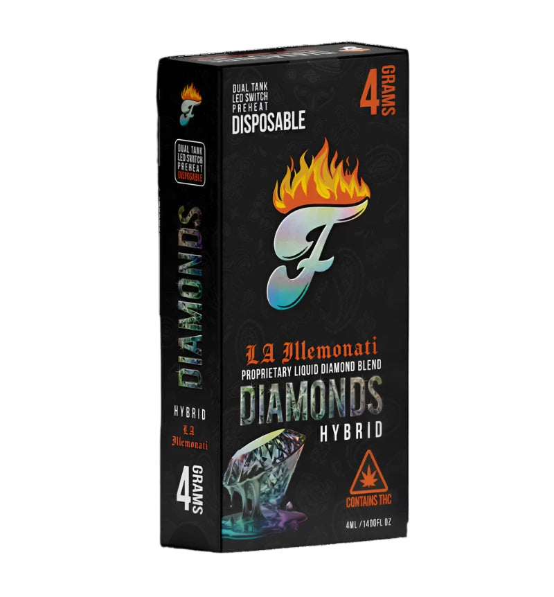 Diamonds hybrid vape pen disposable packaging on a white background Font left view
