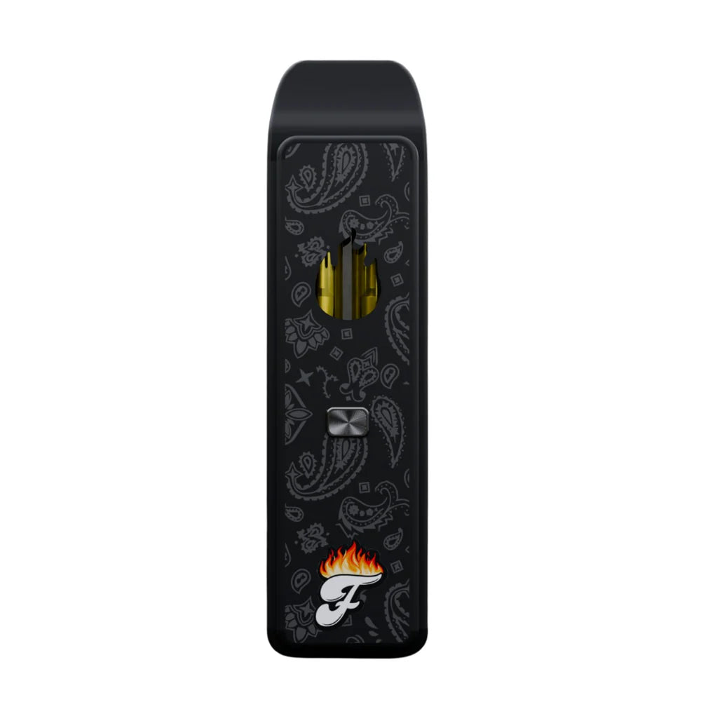 Black vape disposable mod device with paisley pattern and bandana logo on a white background