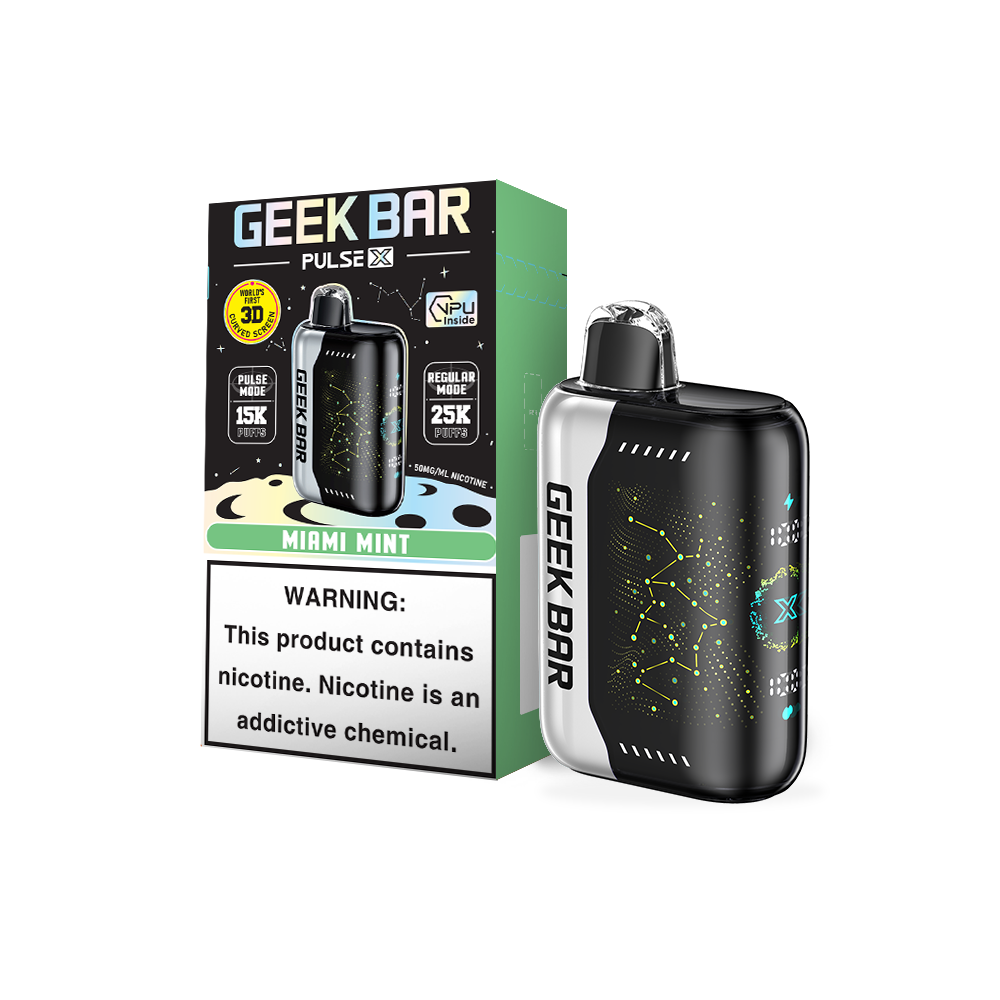 Geek Bar Pulse X disposable vape device and packaging on a white background front view