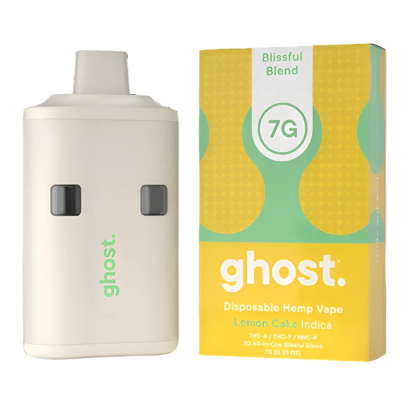 Ghost disposable hemp vape Disposable Mod device with packaging on a black background Front View