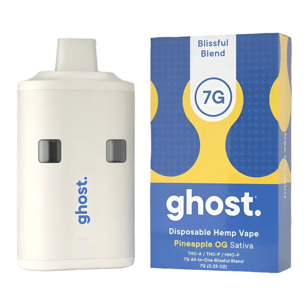 Ghost disposable hemp vape Disposable Mod and packaging on a black background Font View.
