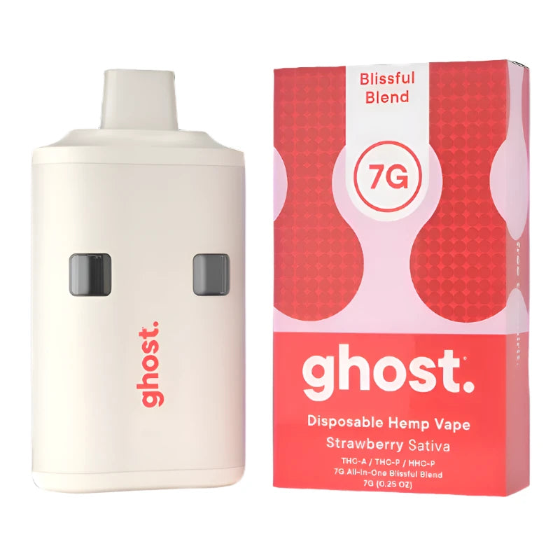 Ghost disposable hemp vape Disposable Mod and packaging on a black background front view