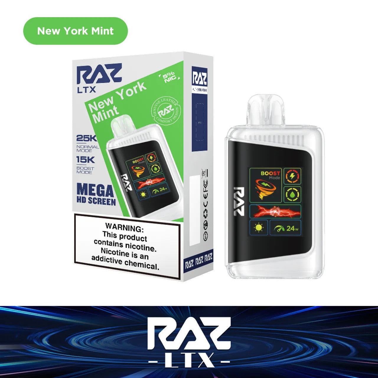 RAZ LTX New York Mint disposable vape mod and packaging on a white background from the Front View