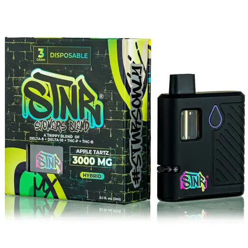 STNR disposable vape mod and packaging on a white background