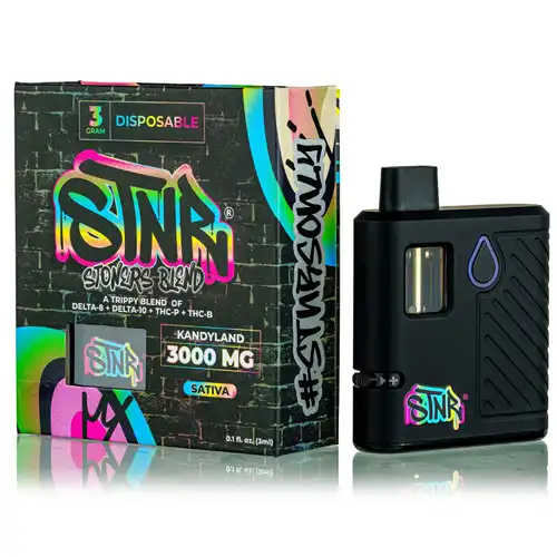 SINR disposable vape mod and packaging with colorful branding on a white background