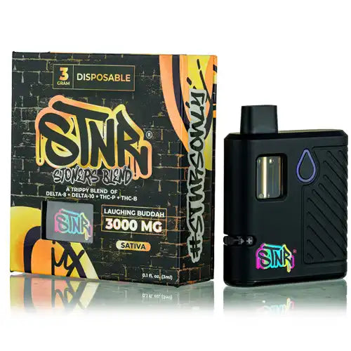 Black disposable mod with colorful branding next to its packaging on a white background