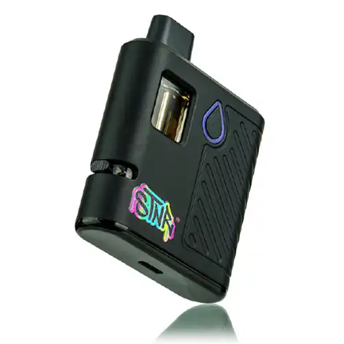 Black disposable vape mod with colorful logo on a white background Rear Image