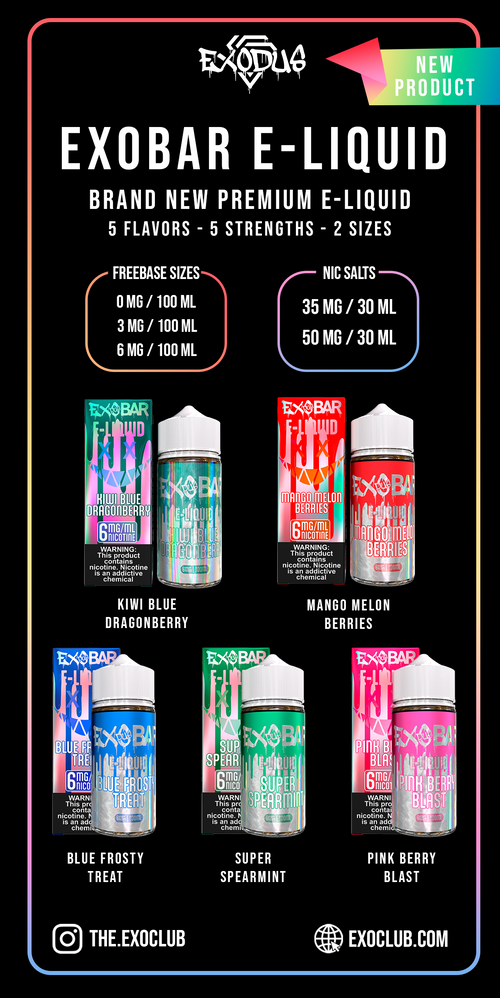 Exobar E-Liquid product display with various flavors and strengths on a black background.