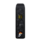 Black vape disposable mod device with paisley pattern and bandana logo on a white background