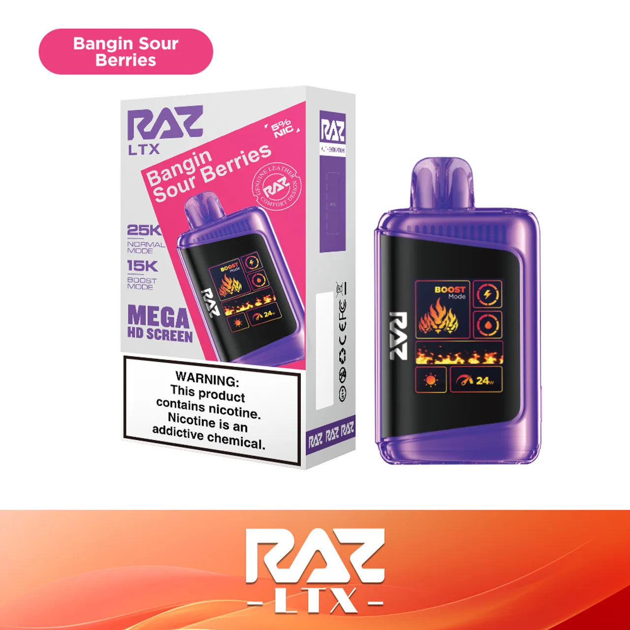 RAZ LTX Bangin Sour Berries disposable vape mod and packaging on a white background from the Front View