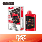 RAZ LTX Black Cherry Peach disposable vape mod and packaging on a white background from the Front View