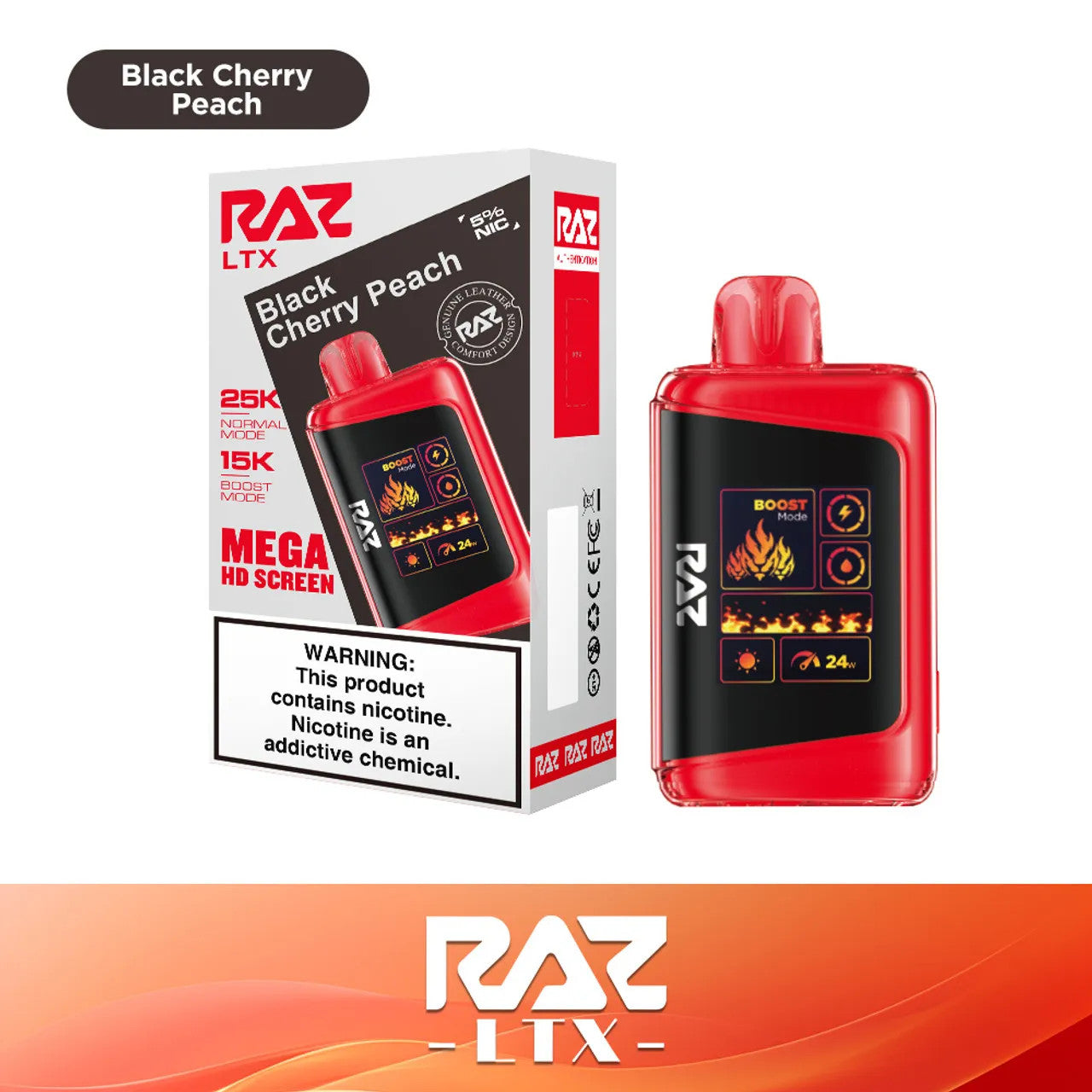 RAZ LTX Black Cherry Peach disposable vape mod and packaging on a white background from the Front View