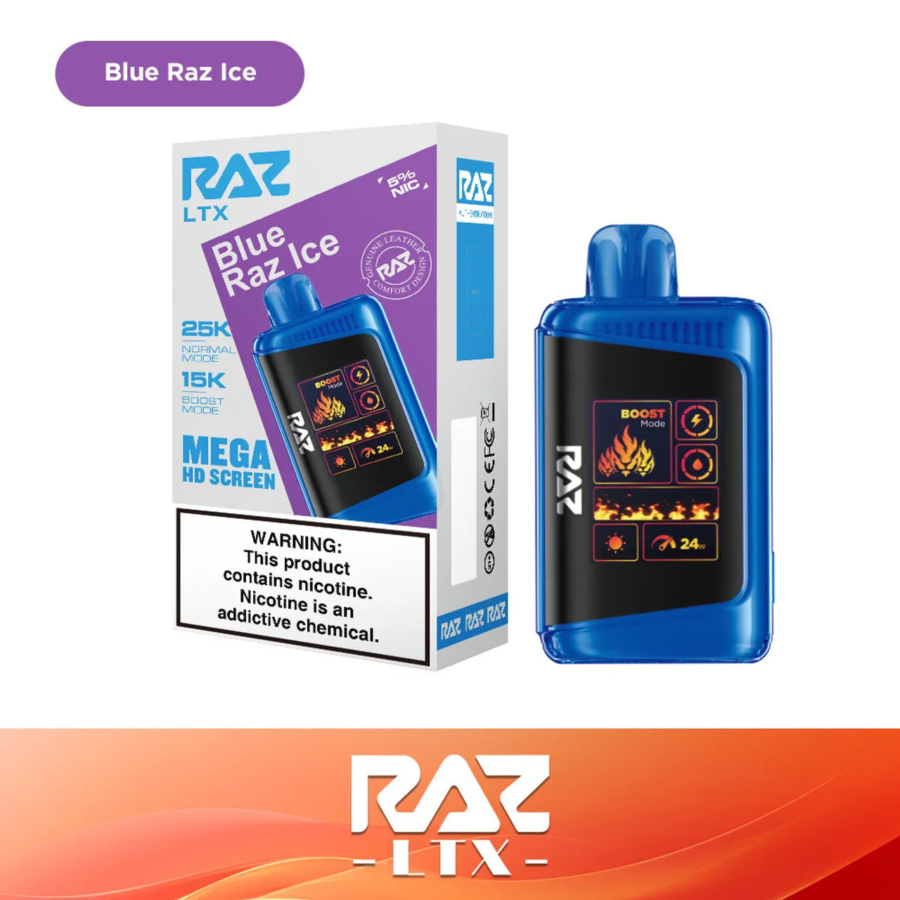 RAZ LTX Blue Raz Ice disposable vape mod and packaging on a white background from the Front View