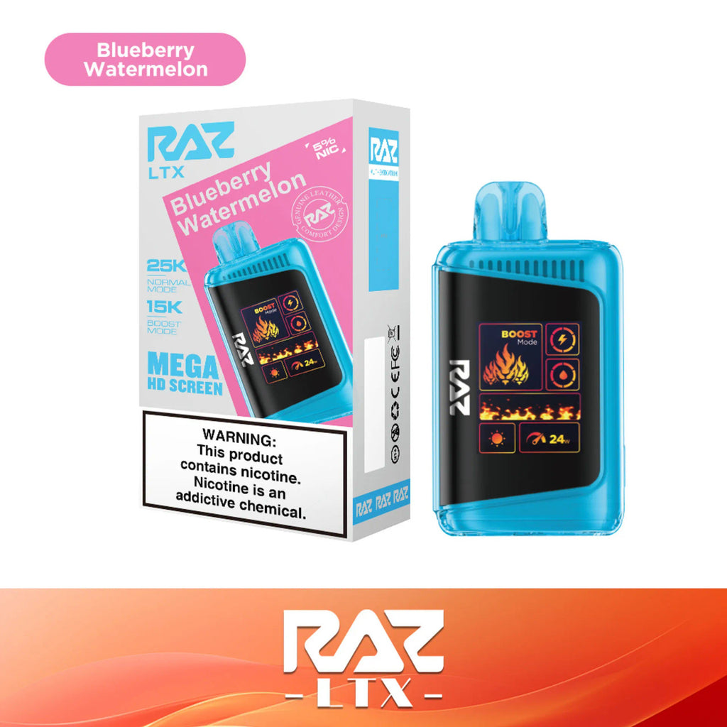 RAZ LTX Blueberry Watermelon disposable vape mod and packaging on a white background from the Front View