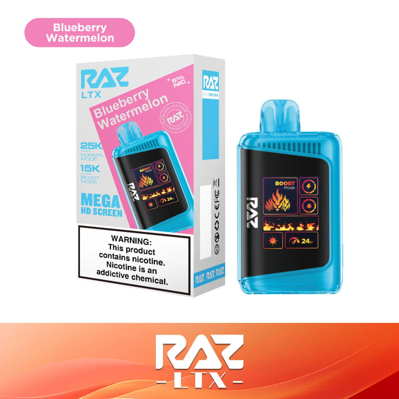 RAZ LTX Blueberry Watermelon disposable vape mod and packaging on a white background from the Front View