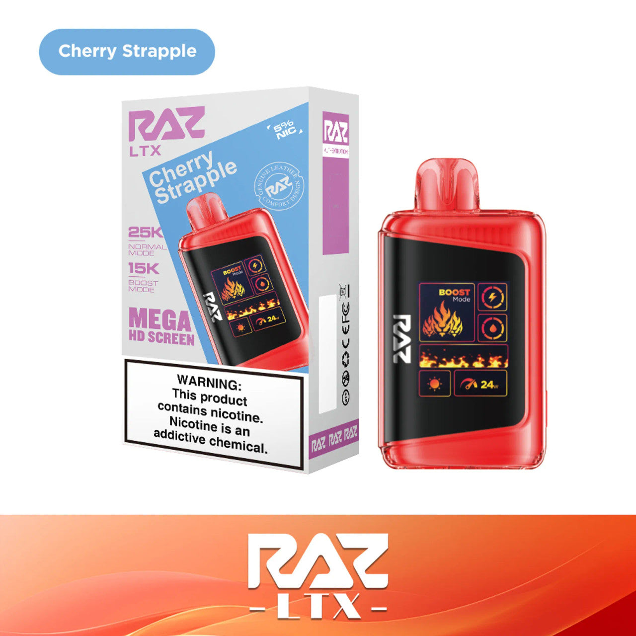 RAZ LTX Cherry Strapple disposable vape mod and packaging on a white background from the Front View