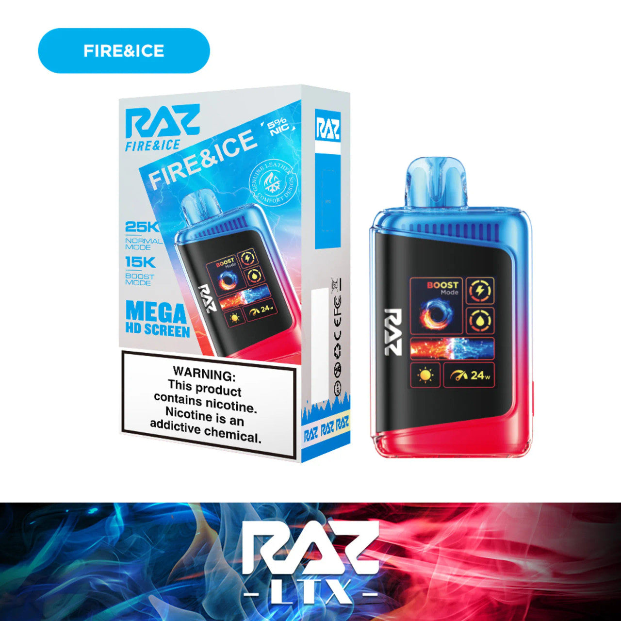 RAZ LTX Fire and Ice disposable vape mod and packaging on a white background from the Front View