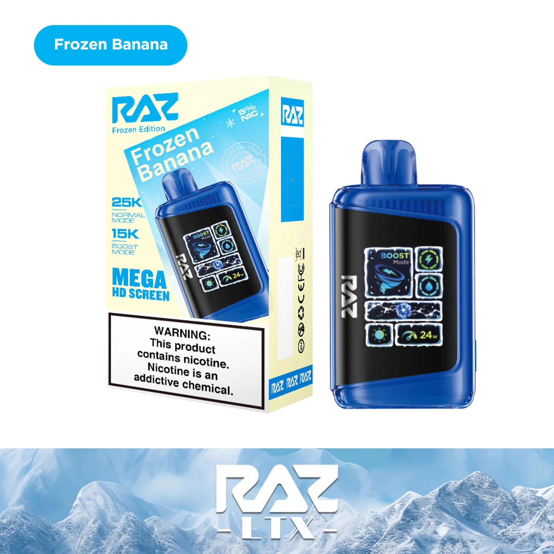RAZ LTX Frozen Banana disposable vape mod and packaging on a white background from the Front View