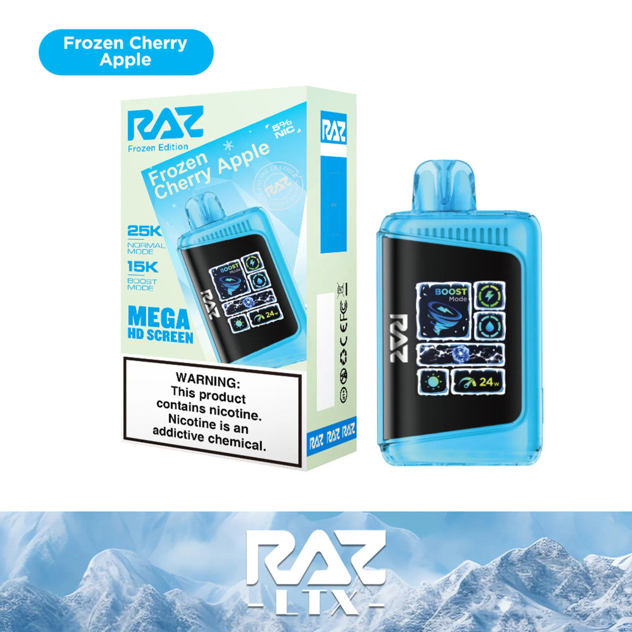 RAZ LTX Frozen Cherry Apple disposable vape mod and packaging on a white background from the Front View