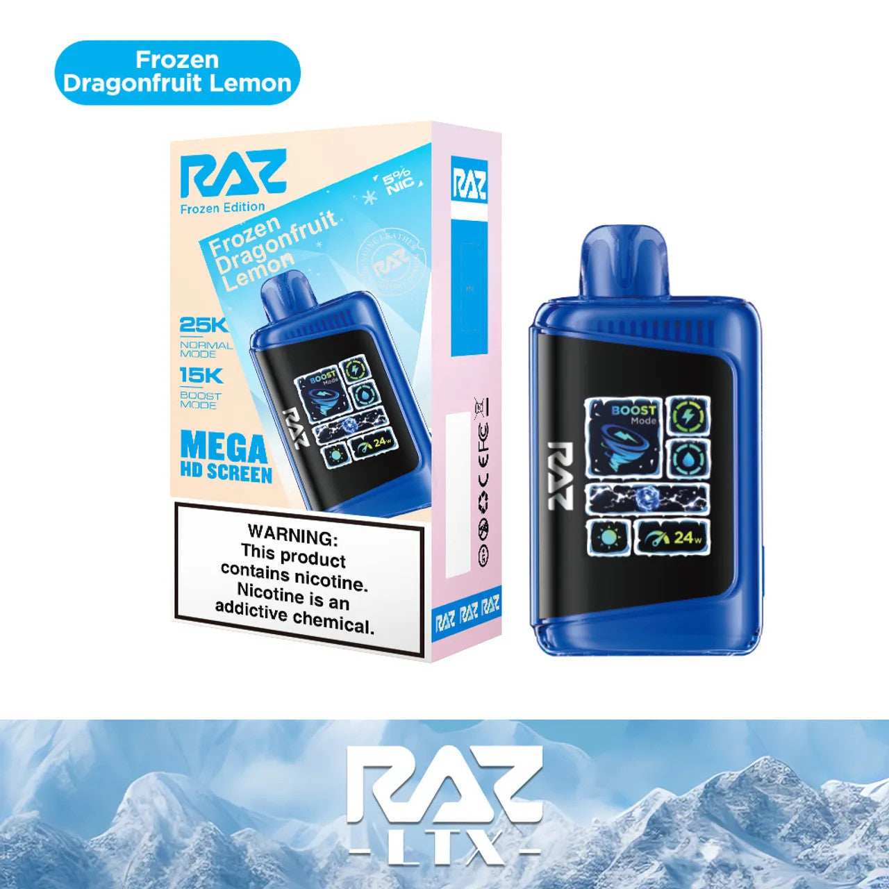 RAZ LTX Frozen Dragon Fruit Lemon disposable vape mod and packaging on a white background from the Front View