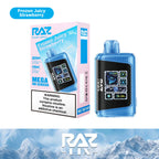 RAZ LTX Frozen Juicy Strawberry disposable vape mod and packaging on a white background from the Front View