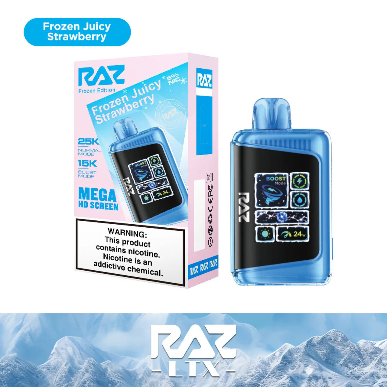 RAZ LTX Frozen Juicy Strawberry disposable vape mod and packaging on a white background from the Front View