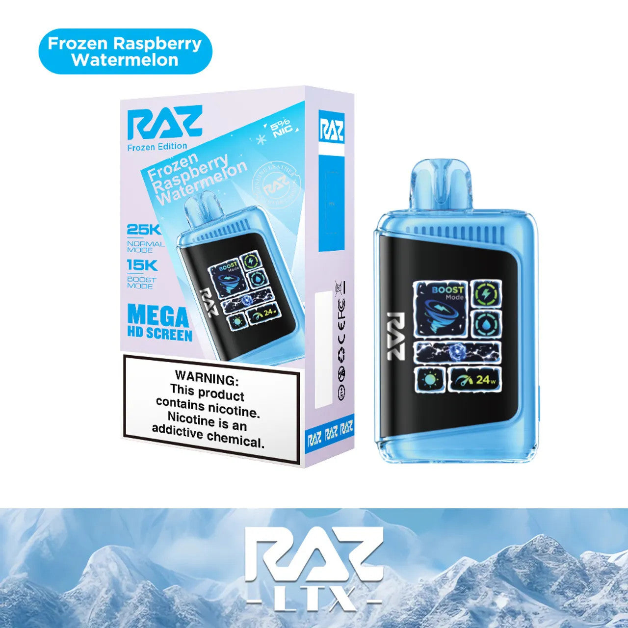 RAZ LTX Frozen Raspberry Watermelon disposable vape mod and packaging on a white background from the Front View