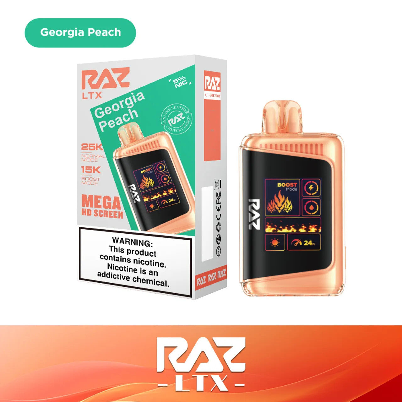 RAZ LTX Georgia Peach disposable vape mod and packaging on a white background from the Front View