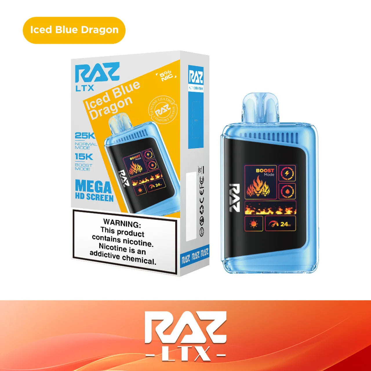RAZ LTX Iced Blue Dragon disposable vape mod and packaging on a white background from the Front View