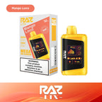 RAZ LTX Mango Loco disposable vape mod and packaging on a white background from the Front View