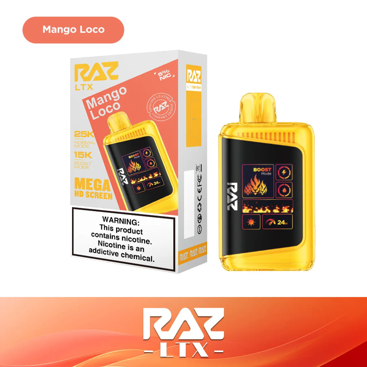 RAZ LTX Mango Loco disposable vape mod and packaging on a white background from the Front View