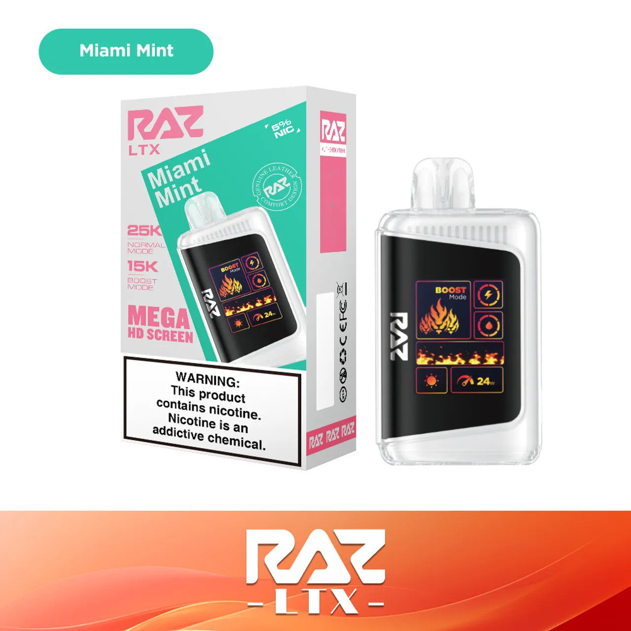 RAZ LTX Miami Mint disposable vape mod and packaging on a white background from the Front View