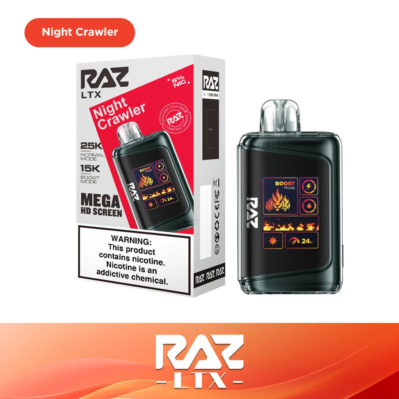 RAZ LTX Night Crawler disposable vape mod and packaging on a white background from the Front View