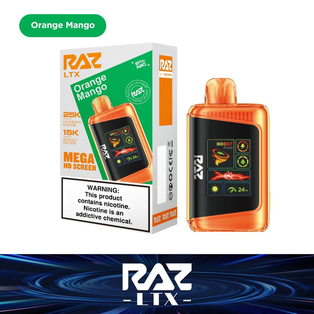 RAZ LTX Orange Mango disposable vape mod and packaging on a white background from the Front View