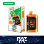 RAZ LTX Orange Mango disposable vape mod and packaging on a white background from the Front View