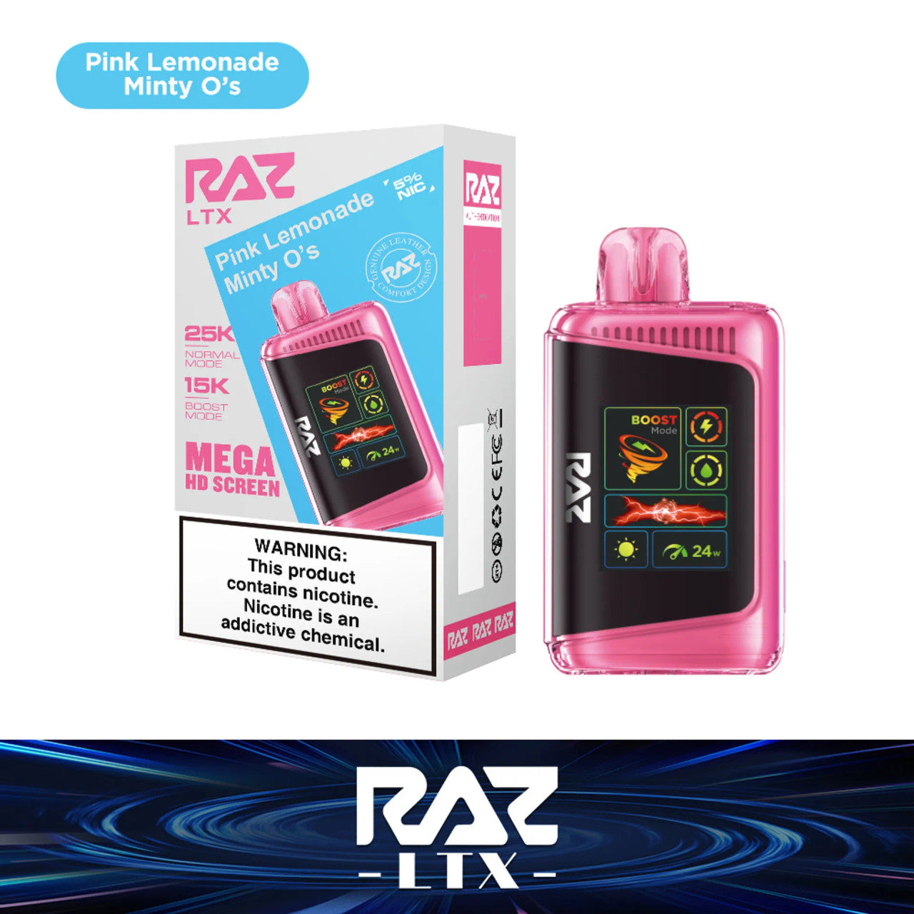 RAZ LTX Pink Lemonade Minty O's disposable vape mod and packaging on a white background from the Front Views