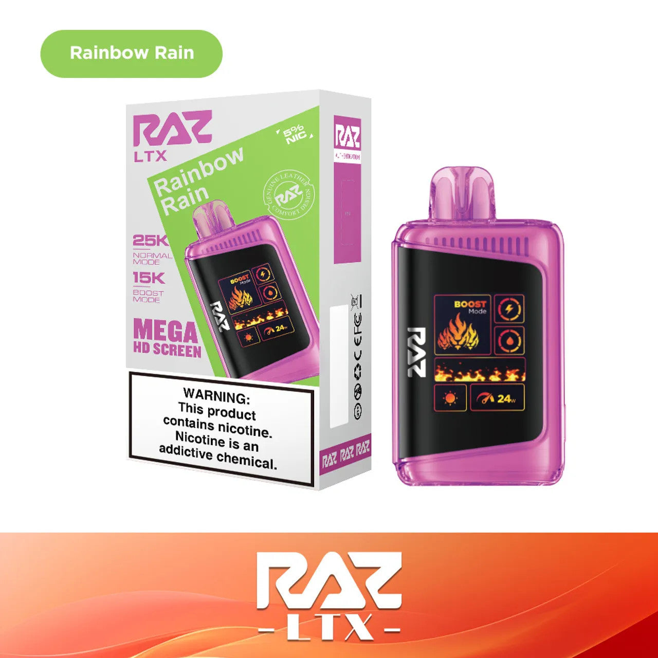 RAZ LTX Rainbow Rain disposable vape mod and packaging on a white background from the Front View