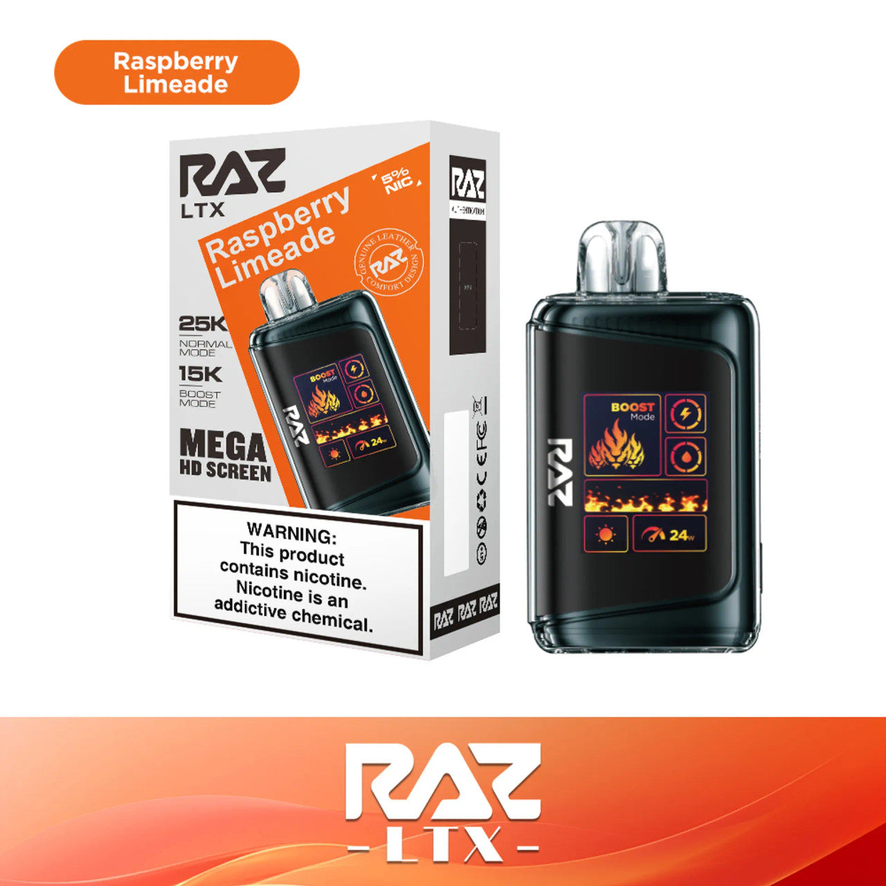 RAZ LTX Raspberry Limeade disposable vape mod and packaging on a white background from the Front View