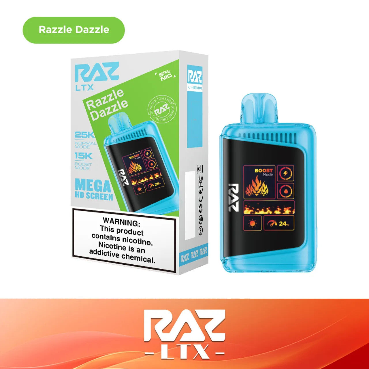 RAZ LTX Razzle Dazzle disposable vape mod and packaging on a white background from the Front View