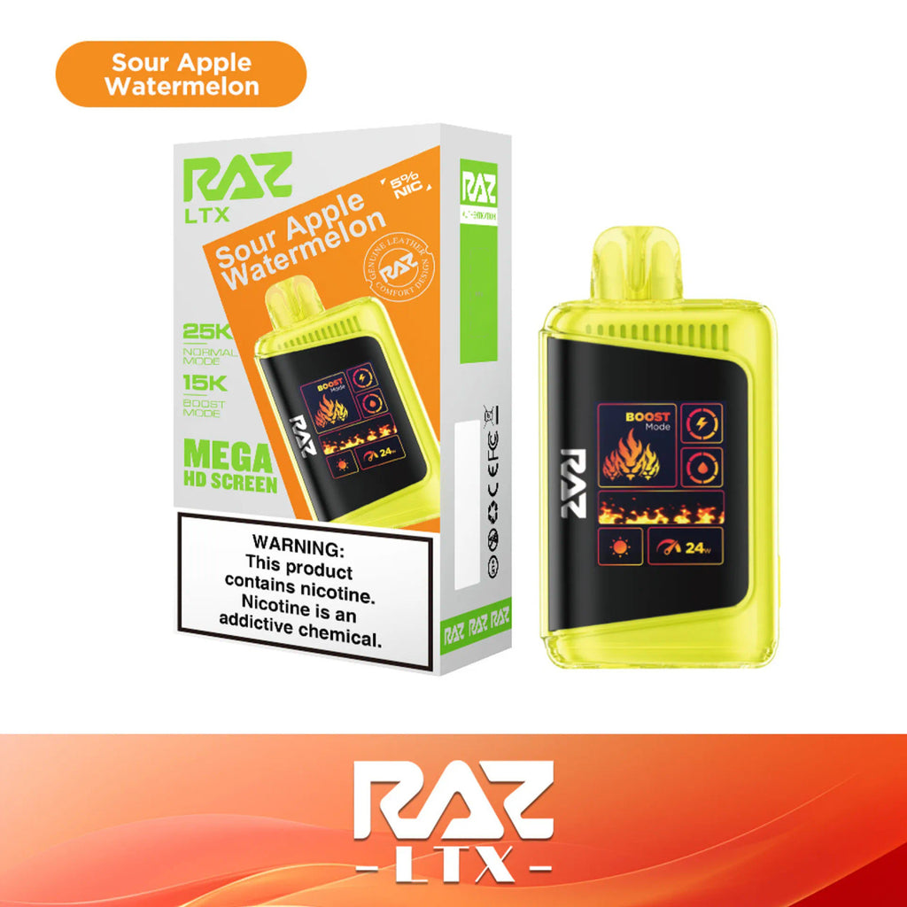RAZ LTX Sour Apple Watermelon disposable vape mod and packaging on a white background from the Front View