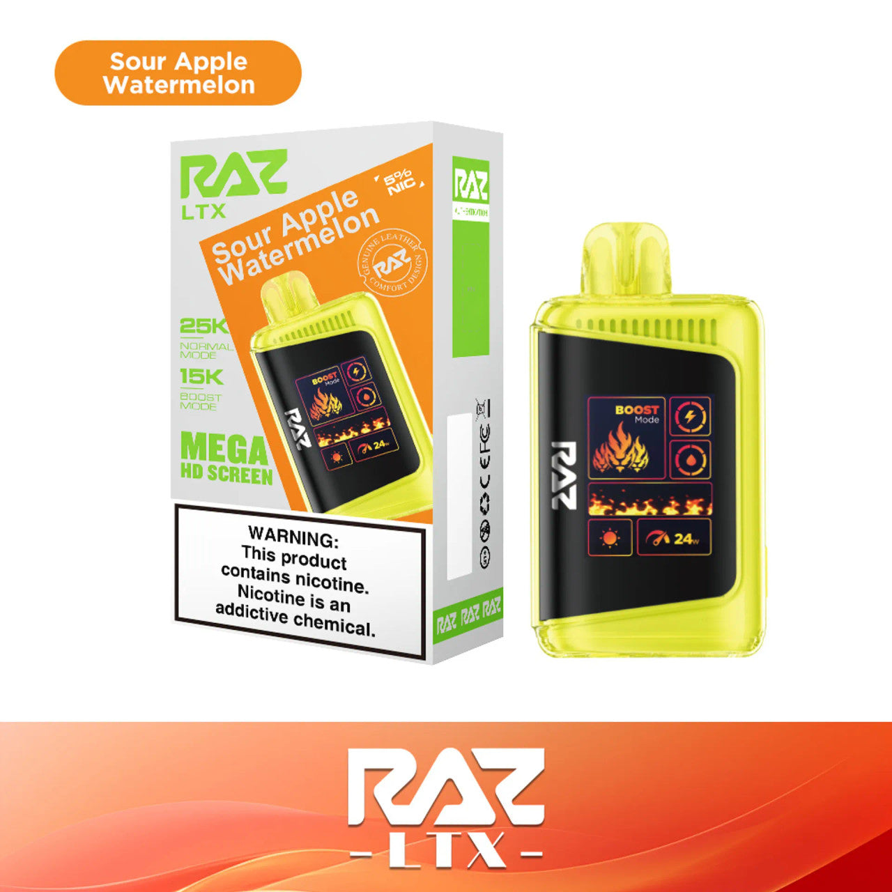 RAZ LTX Sour Apple Watermelon disposable vape mod and packaging on a white background from the Front View