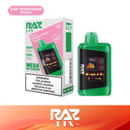RAZ LTX Sour Watermelon Peach disposable vape mod and packaging on a white background from the Front View