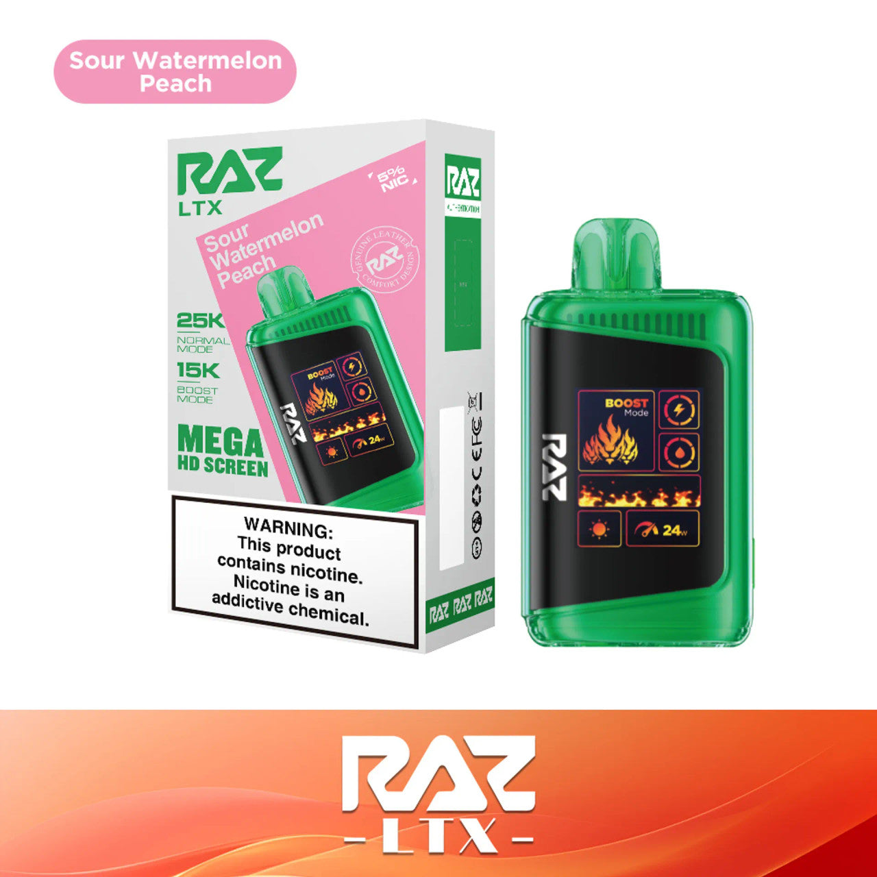 RAZ LTX Sour Watermelon Peach disposable vape mod and packaging on a white background from the Front View