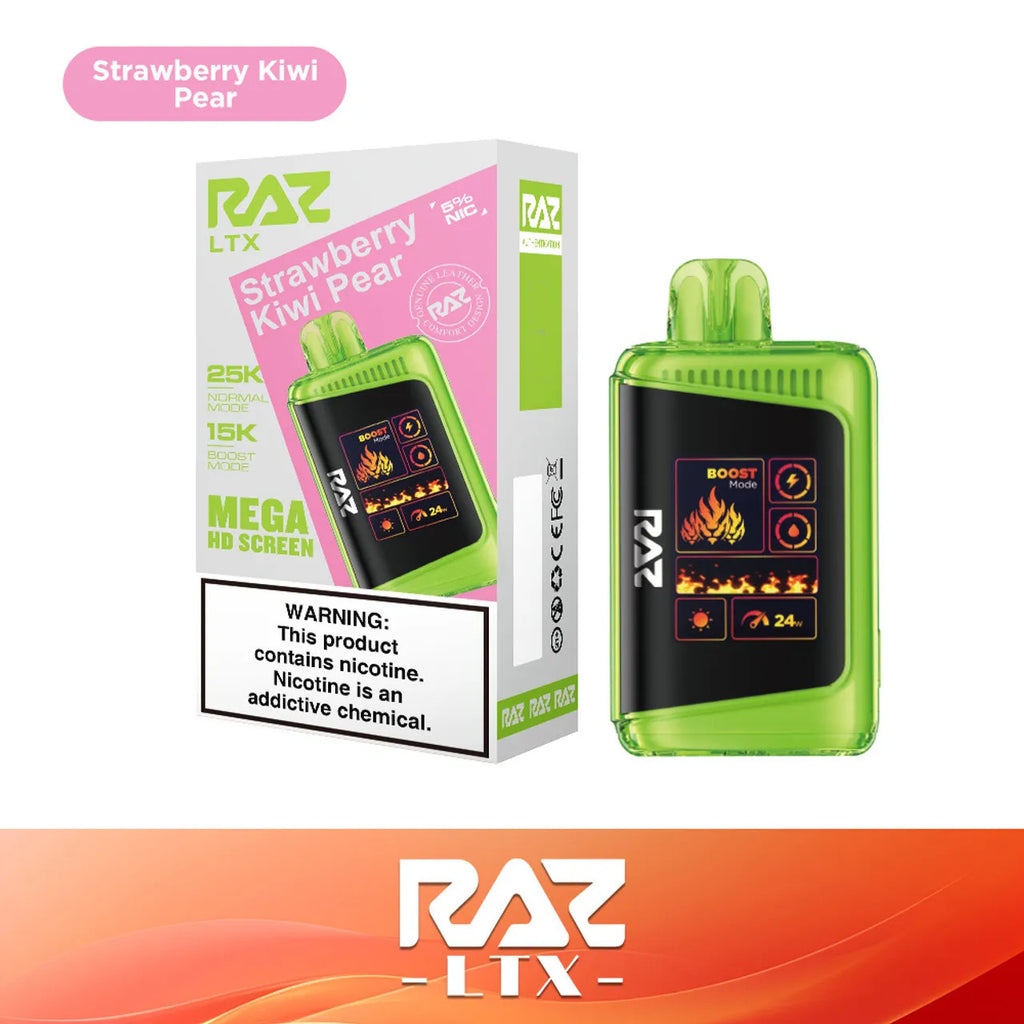 RAZ LTX Strawberry Kiwi Pear disposable vape mod and packaging on a white background from the Front View