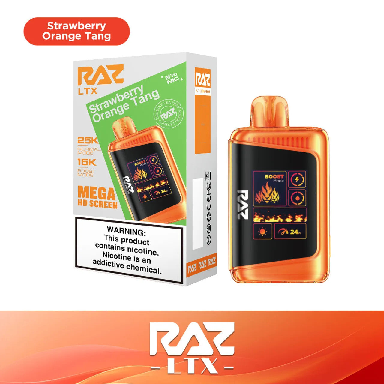 RAZ LTX Orange Tang disposable vape mod and packaging on a white background from the Front View