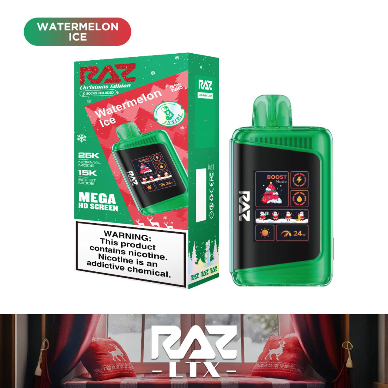 RAZ LTX Watermelon Ice disposable vape mod and packaging on a white background from the Front View