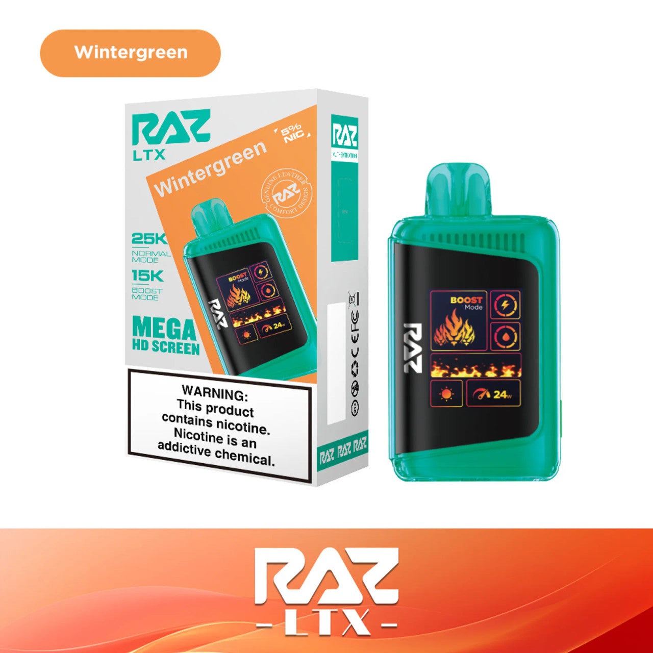 RAZ LTX Wintergreen disposable vape mod and packaging on a white background from the Front View