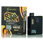 Black disposable mod with colorful branding next to its packaging on a white background