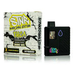 Black disposable vape mod with graffiti branding next to its packaging on a white background