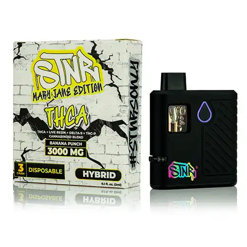 Black disposable vape mod with graffiti branding next to its packaging on a white background
